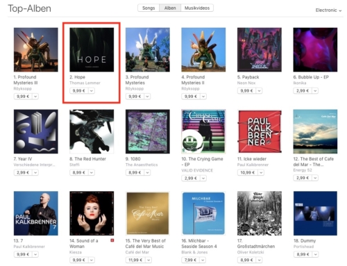 The new album “Hope” by Thomas Lemmer entered the iTunes Charts